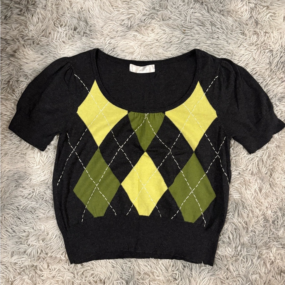Grey and Green Argyle Sweater Top